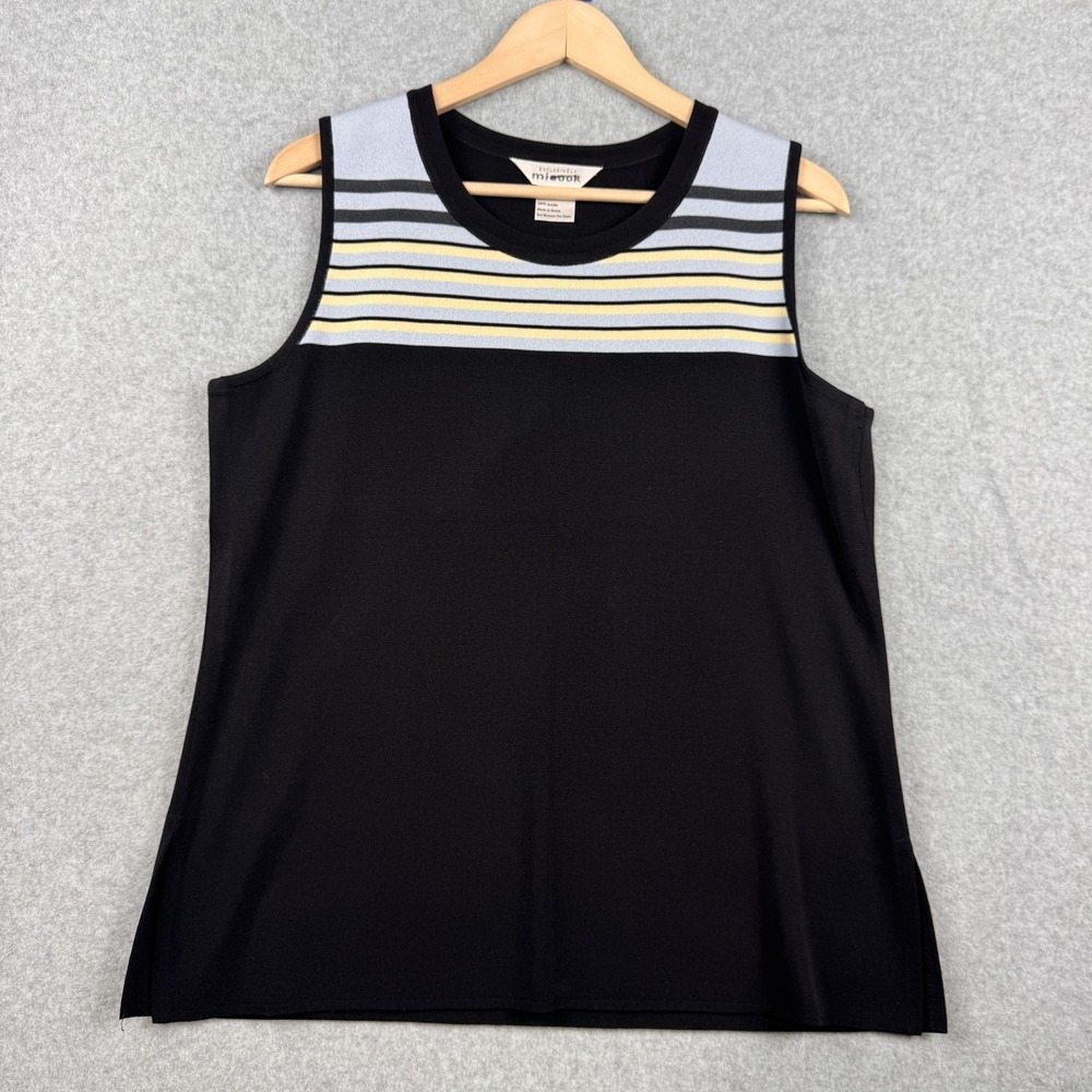 Misook Tank Top Womens XL Black Blue Colorblock Striped Knit Sleeveless Shell‎